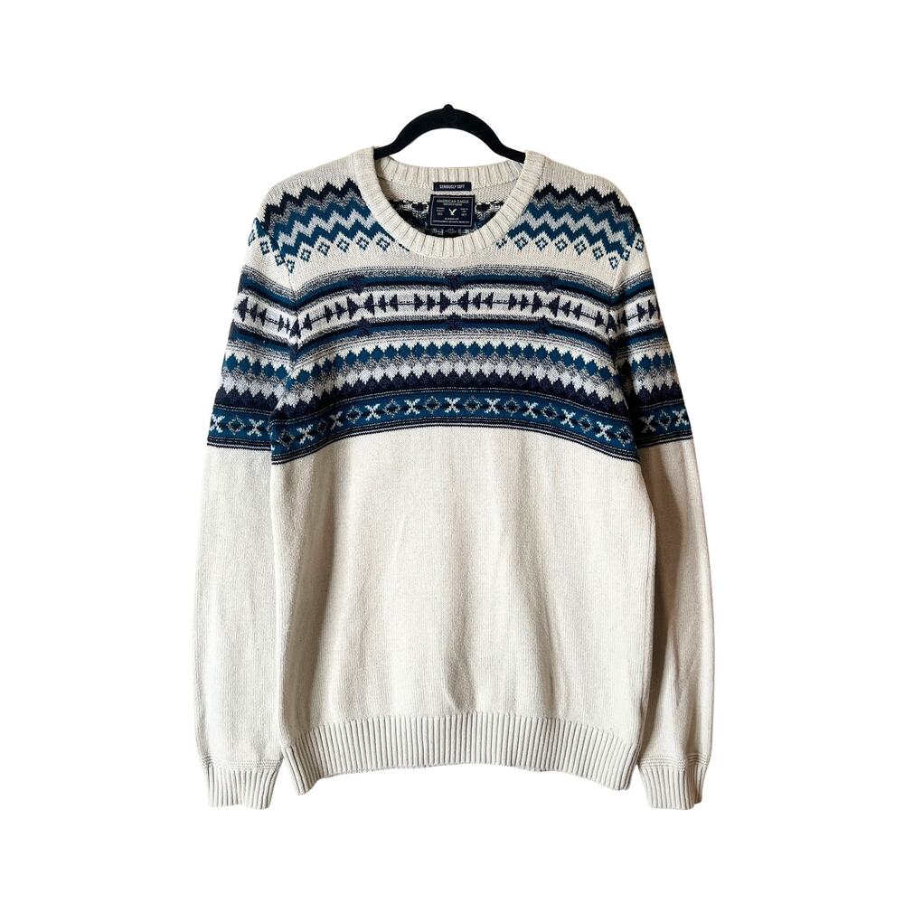 American Eagle Mens Sweater L Gray Blue Fair Isle Nordic Winter Classic Cozy